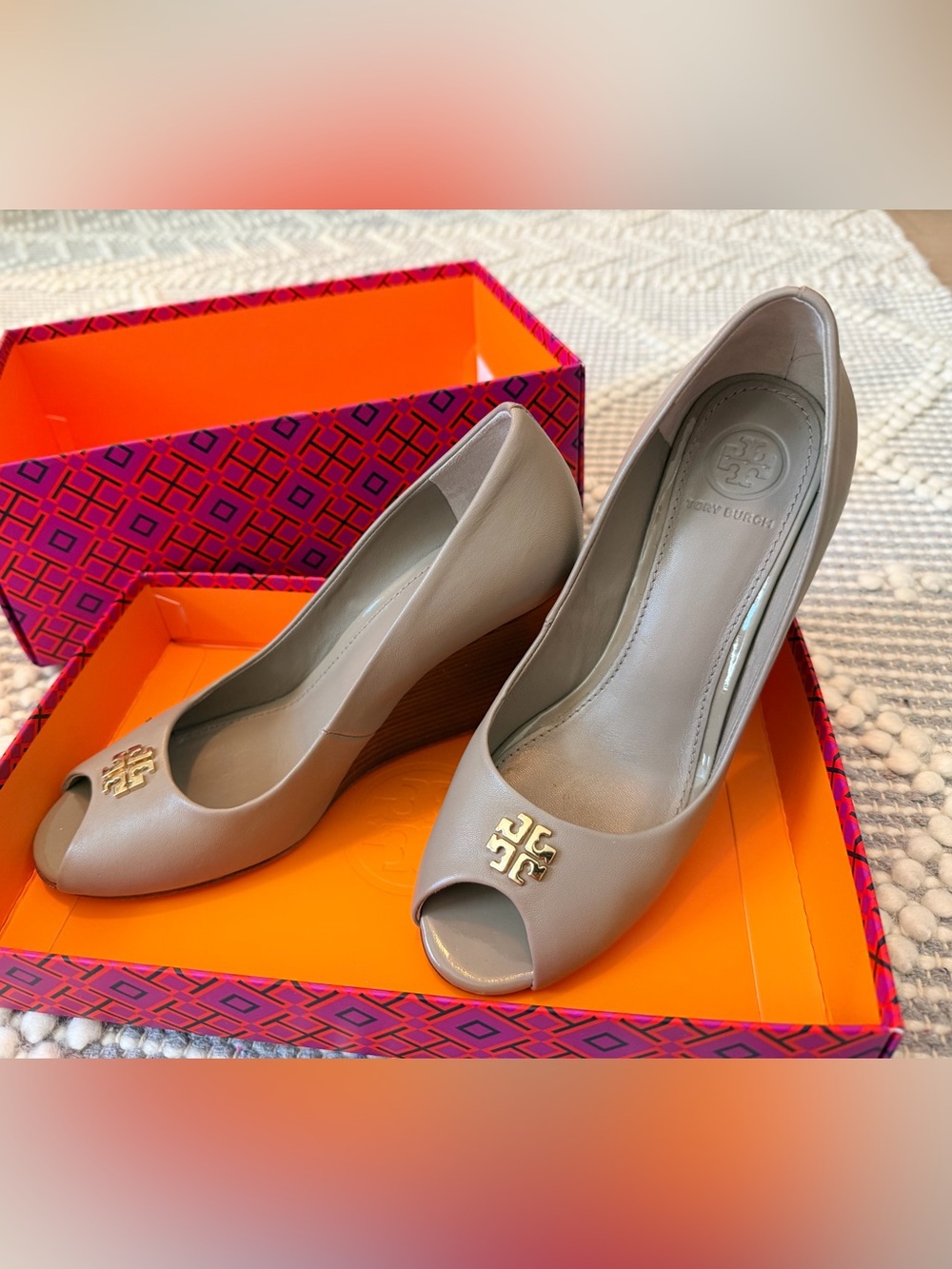 Tory Burch Neutral Peep-Toe Leather Wedge with Gold Logo
